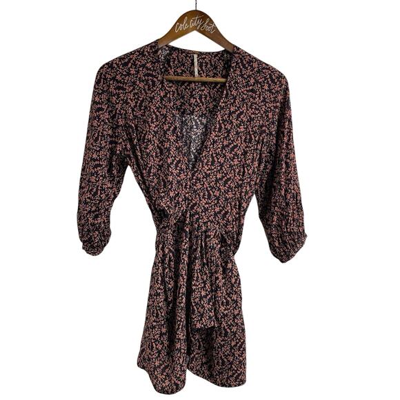 Free People Mini Dress Deep V Neck Long Sleeve Tie Back XS - Picture 1 of 11